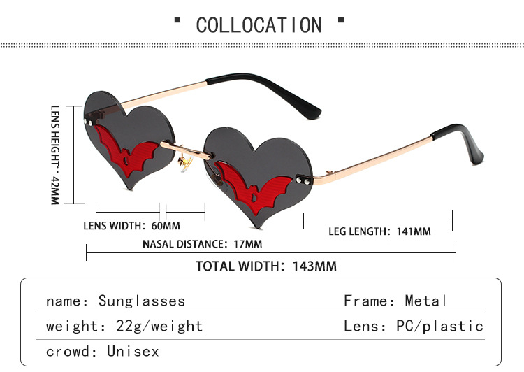 36g Weight Frameless Glasses Structure Sunglasses Classification PC, UV400 Protection Lens Material Special-Shaped Mirror Glasses Style Daily, Street Occasion Halloween Festival Heart Shape, Bat Pattern Unisex Gender Streetwear Style Black Color Streetwear Heart Shape Bat PC UV400 Protection Special-Shaped Mirror Frameless Women's Sunglasses 4