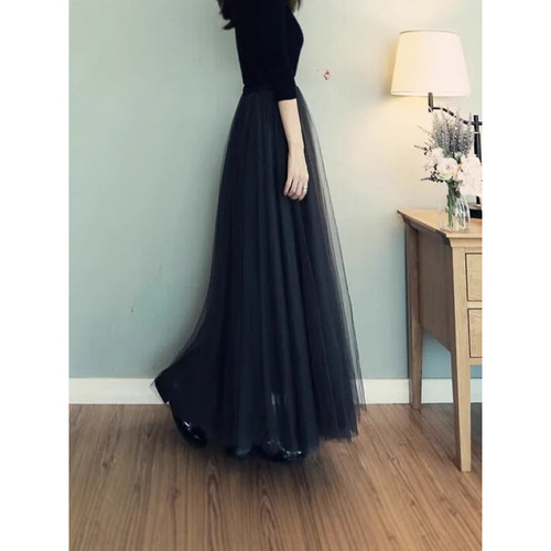 Cherry Blossom and Summer Net Sheath Dress with Medium Length Semi-Skirt Korean Style High-Waist Slimming Matchable A-Word Pleated Pom-pom Sheath Dress