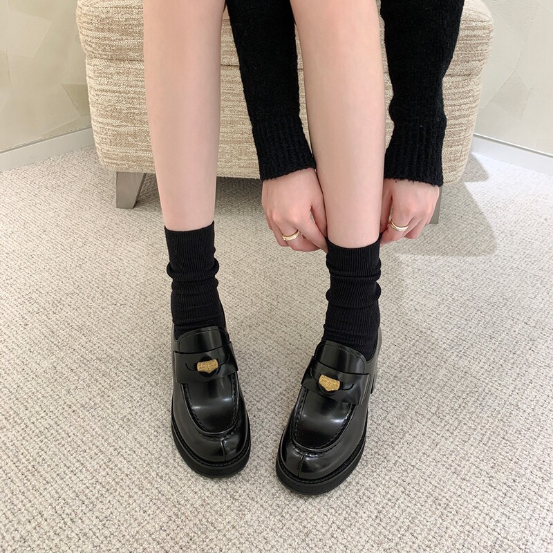 [Su Yinyin] Same Rum Manor ~ Amiu Leather Gold Coin Coarse High-heeled Loafers Women's Small Leather Shoes