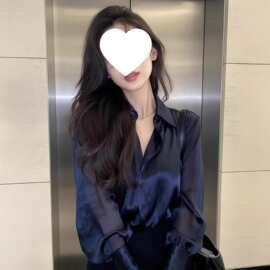 时尚轻熟风绝美蓝色Polo领长袖衬衫女春季款洋气百搭通勤宽松衬衣