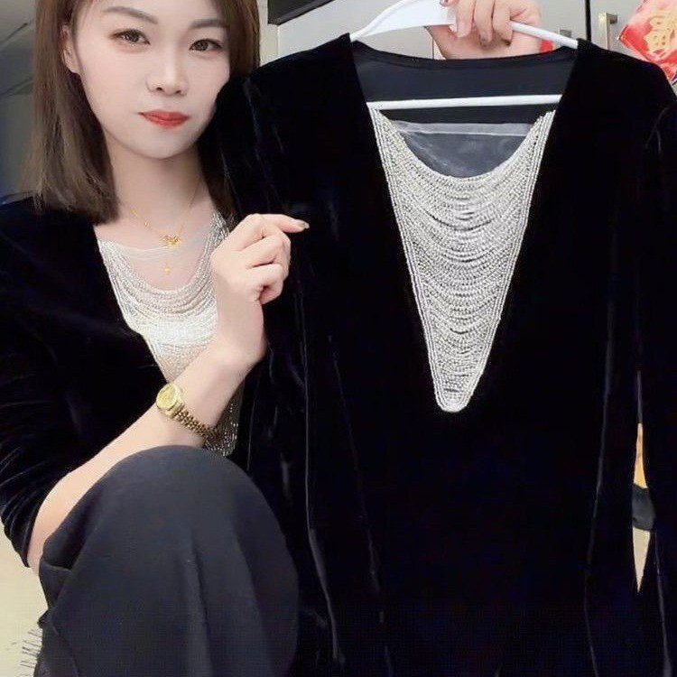 European Style 2026 New Model Base Shirt, Super Stylish and Shiny, V-Neck Long-Sleeve Velvet Women's Top, Party Blouse European Style 2026 New Model Base Shirt, Super Stylish and Shiny, V-Neck Long-Sleeve Velvet Women's Top, Party Blouse