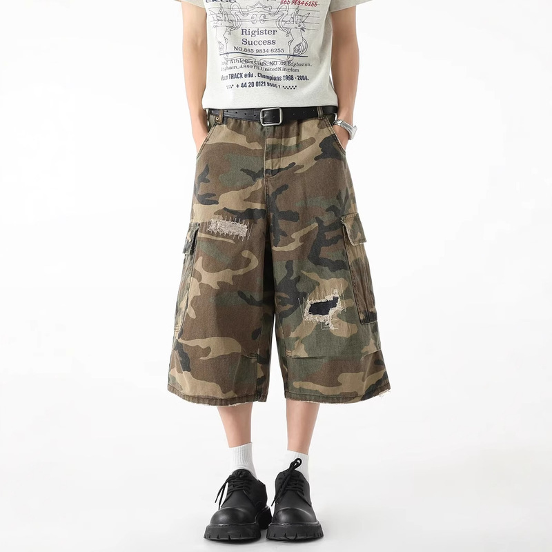 Summer Camouflage Ripped Tooling Denim Shorts Men's American Style Street Loose All-match Casual Washed Wide-leg Cropped Pants