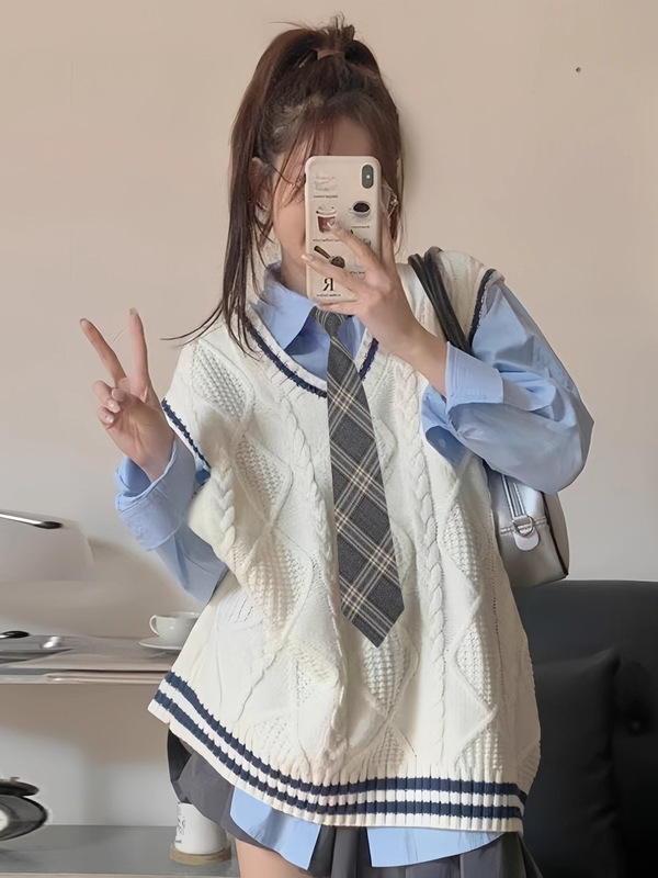 学院风衬衫叠穿毛衣针织马甲两件套女春秋韩系学生背心jk制服套装|undefined