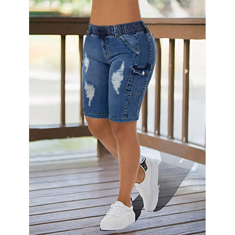 S 4272026 Cross-Border New European and American Summer Elastic Waist Women's Casual Bermuda Denim Shorts