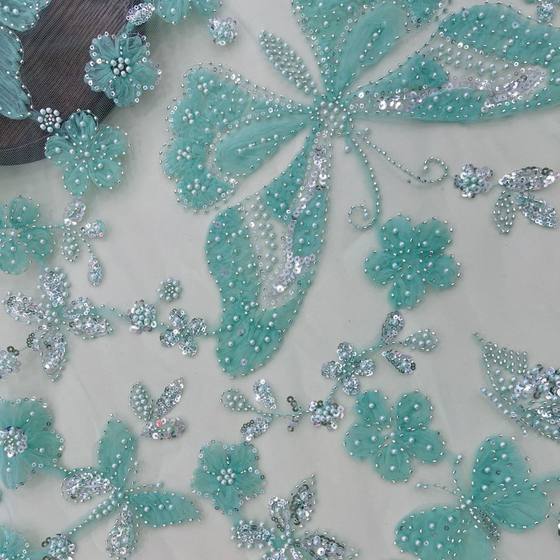 Cross-border popular heavy industry butterfly plate with beads embroidered wedding dress children's clothing high-end fashion Lace fabric