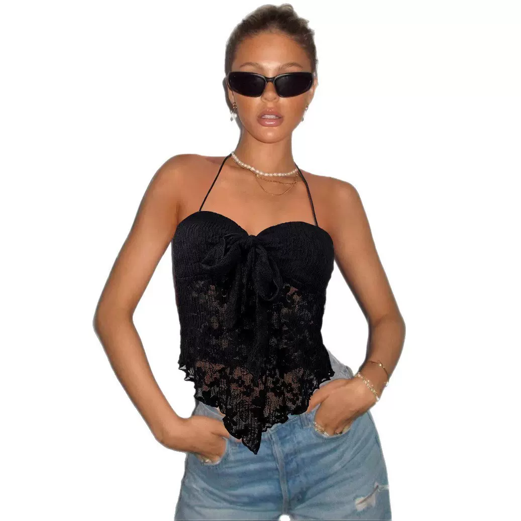 定制欧美风夏季性感吊带小背心eaby亚马逊挂脖V领无袖蕾丝上衣女