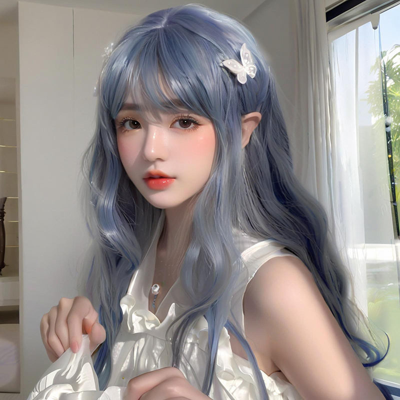 男性と女性のためのウィッグロングカーリーヘアウェーブエア前髪ロリータロリータソフトガールCOSシルバーグレー全頭カバー|undefined