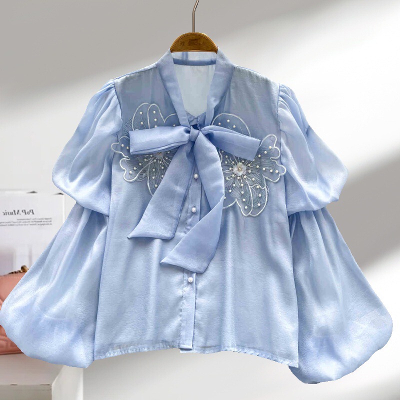 French Fashion High-End Heavy Beaded Three-Dimensional Floral Pearlescent Glossy Shirt with Puff Sleeves and Bowknot in Rose Red