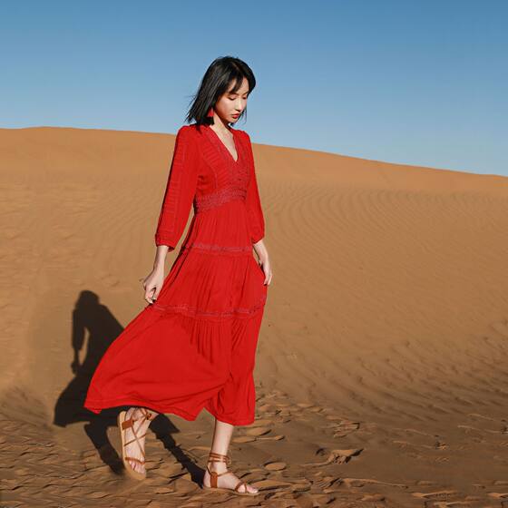 French retro travel holiday skirt desert photography red fairy skirt waist slimming temperament dress F646