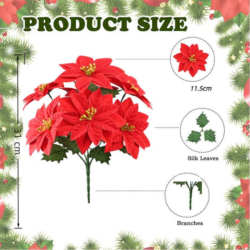 Simulación de flores de Navidad de 7 dientes, decoración de Navidad de flores falsas, actividades de vacaciones, artículos de boda en venta caliente