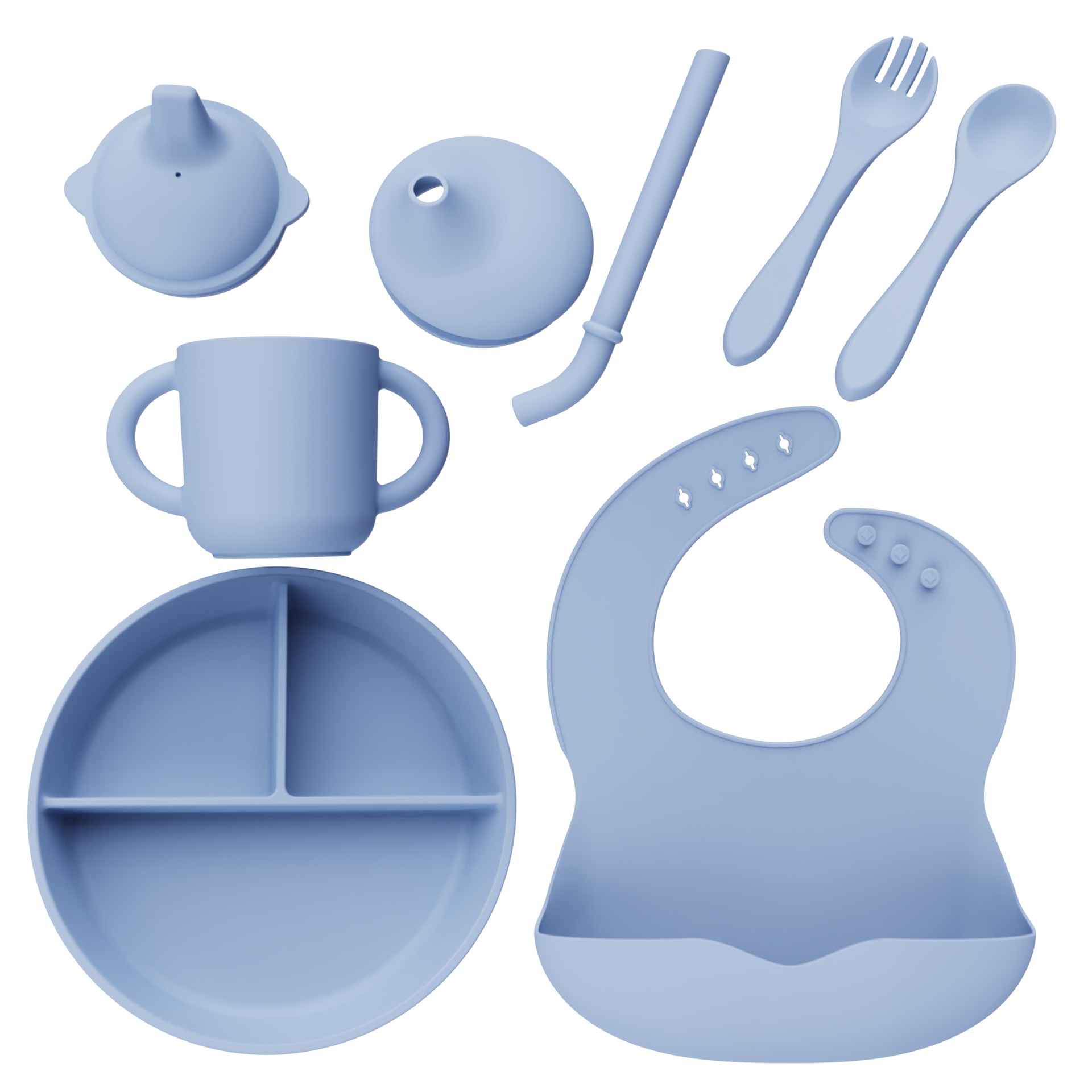 Set de cubiertos de silicona para bebés 5 piezas set de platos de comedor de tres cuadrados Bajazo de paja taza de agua silicona tenedor cuchara 5 piezas set de alimentos suplementarios