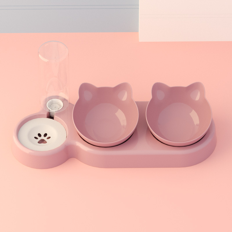 고양이 모양의 세 그릇 [어두운 핑크] 분말 그릇