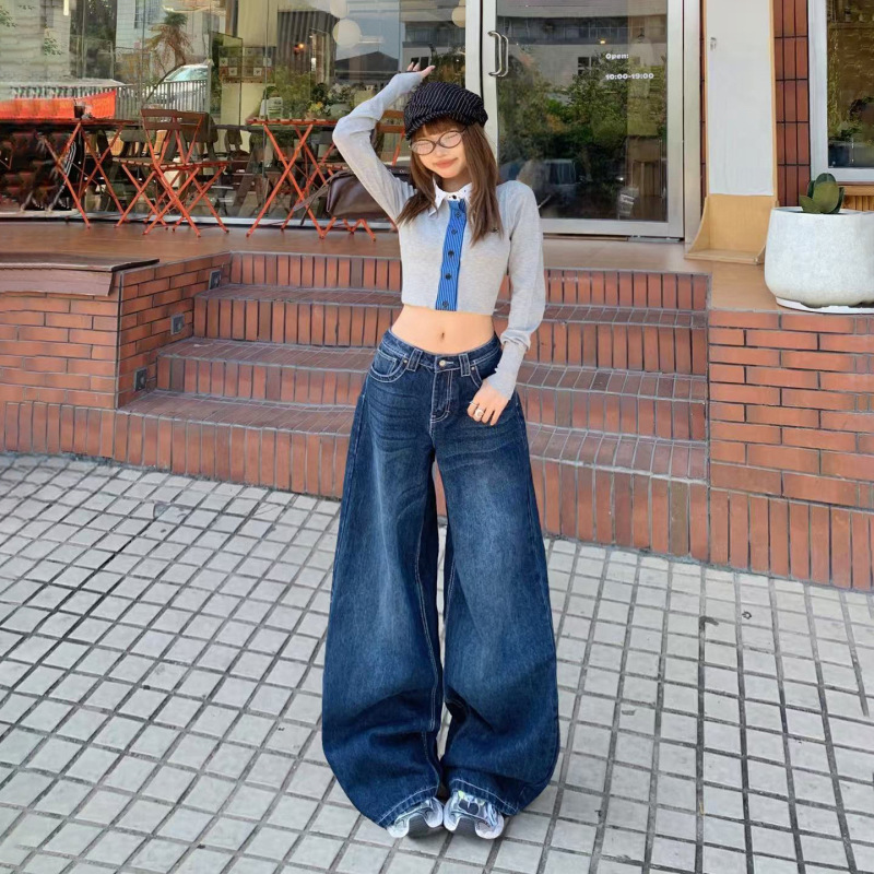 美式阔腿牛仔裤女2025年秋冬新款直筒宽松高腰垂感显瘦拖地长裤子|undefined