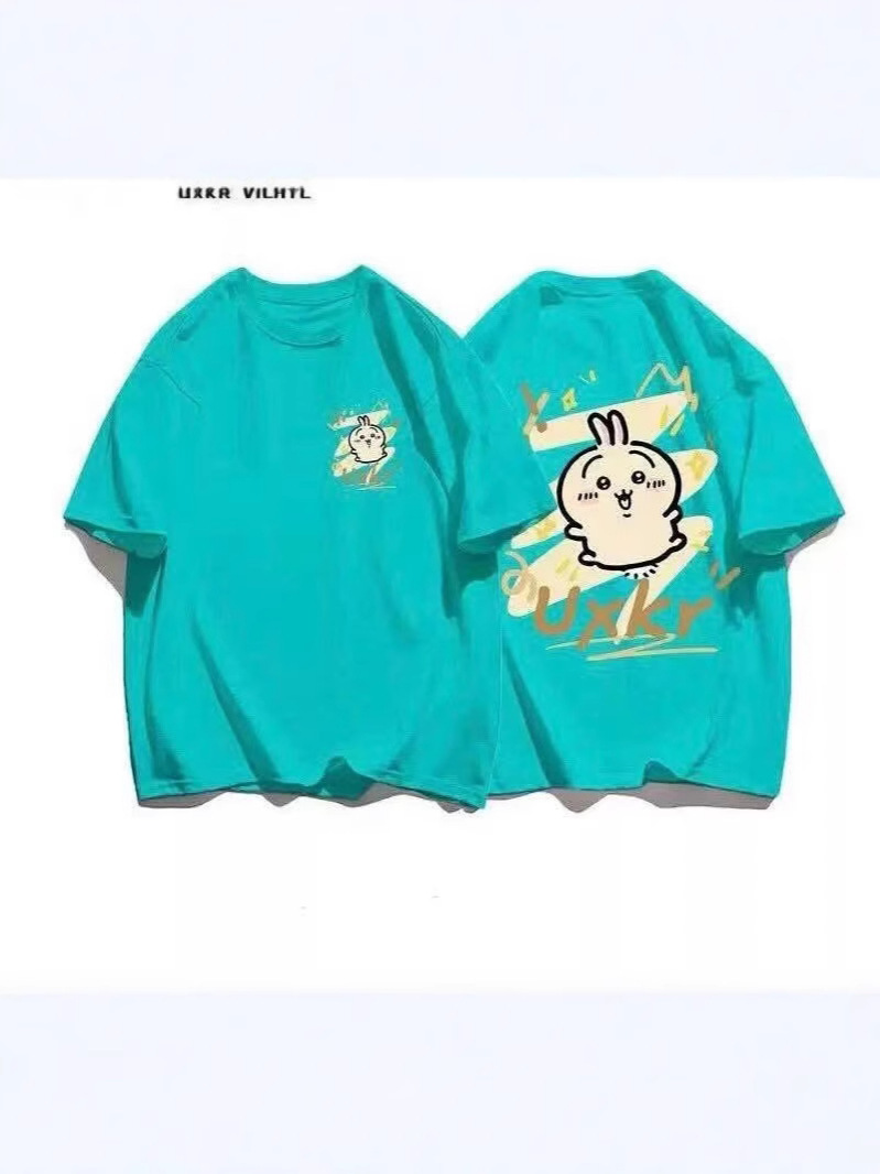 日本の漫画風落書きチイカワプリント半袖Tシャツ、男女兼用、夏用カップル半袖トップス、カジュアルで多用途