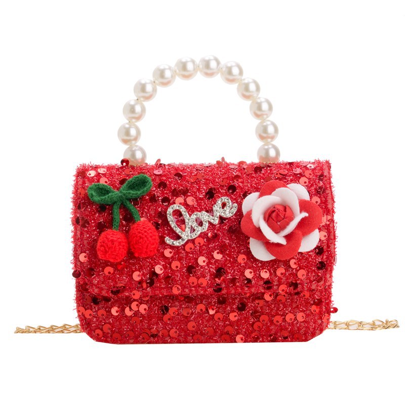 Bolsas de Año Nuevo para niños, dulces arcos, bolsas de perlas para bebés, lindas bolsas de hombro de cereza para niños y niñas