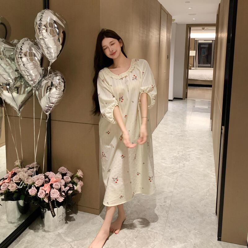 [100% Cotton] Korean Ins Summer New Product Sweet and Comfortable Loose Doll Collar Home Wear Cotton Dress