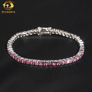 European and American ins Hot Selling 2mm925 Silver Inlaid with Pink Moissanite Hip-hop Single Row Men's and Women's Tennis Chain HipHop Jewelry