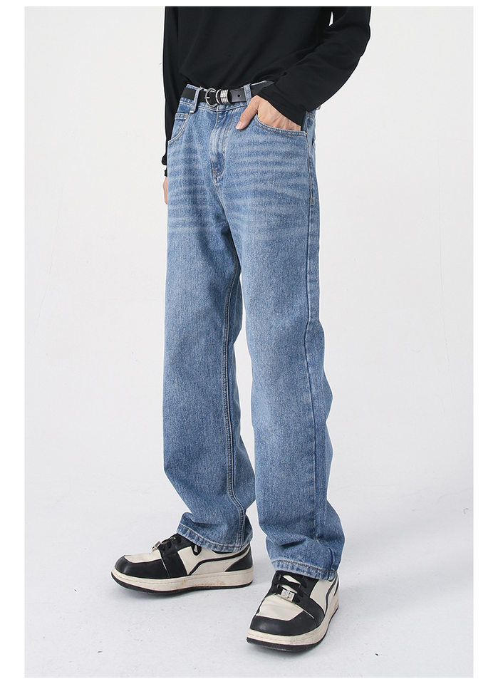 Quần jean nam ống thẳng lửng 9 tấc dáng rộng giặt wash phong cách Hàn Quốc — Màu đen, Denim xanh, Xanh lam đậm, Đen Xám chi tiết 6