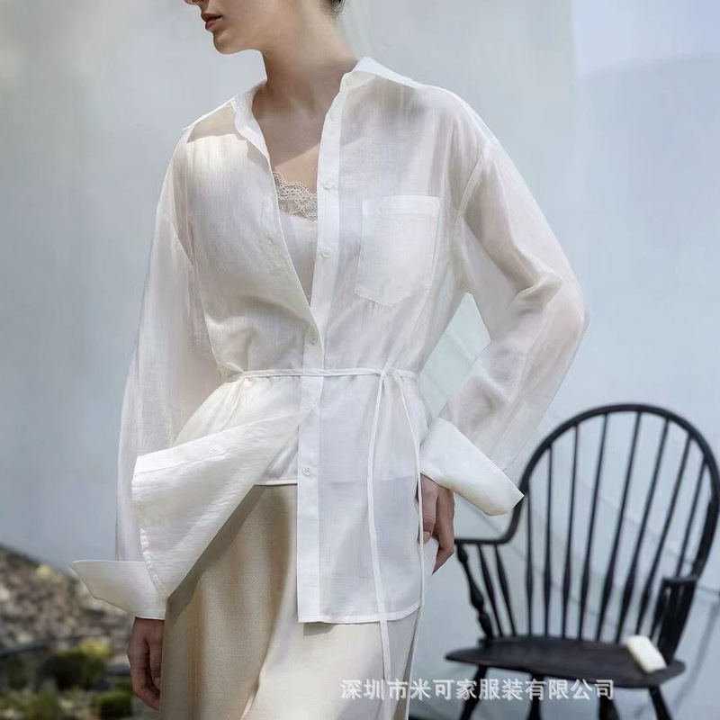 Women's side-tie waist-cinching Tencel top, autumn 2026, sheer, thin, stylish design, slim-fit, long-sleeved shirt Women's side-tie waist-cinching Tencel top, autumn 2026, sheer, thin, stylish design, slim-fit, long-sleeved shirt
