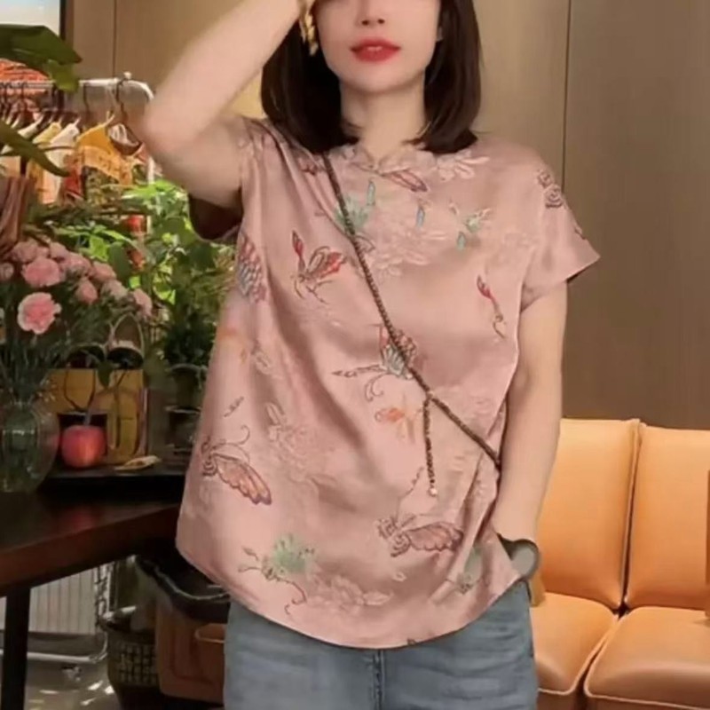 新しい中国風の女性の夏の新しいルーズでスリムなハイエンドジャカードサテンレトロな中国風のボタン付きトップ半袖|undefined