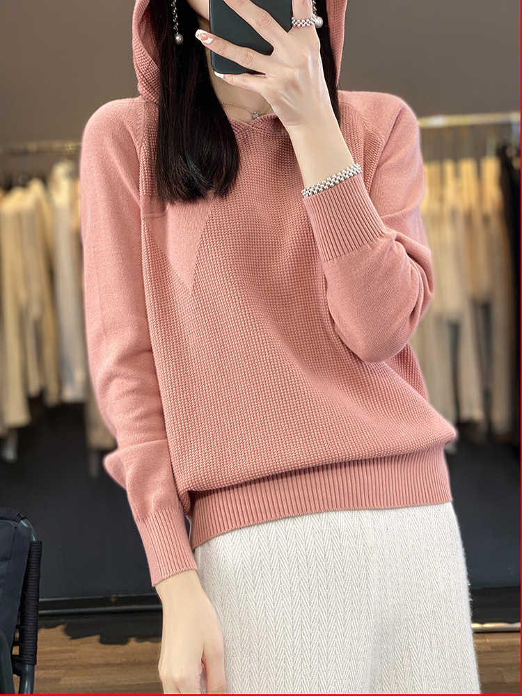 2023秋冬新款韩版纯色连帽针织衫宽松时尚软糯温柔风百搭毛衣女