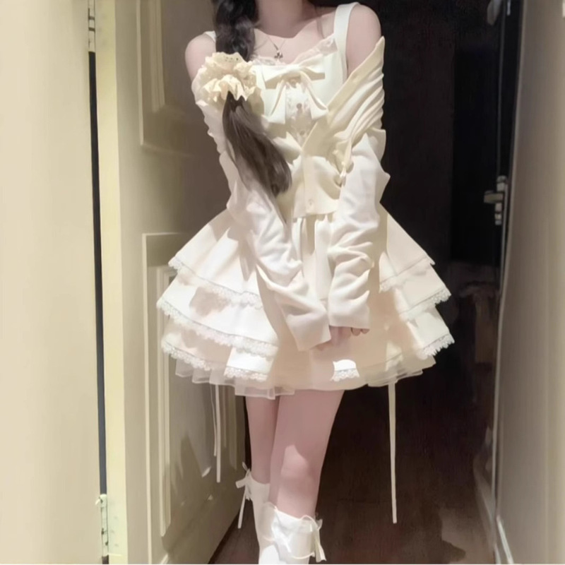 法式甜美超好看开衫外套蓬蓬蛋糕连衣裙两件套小个子春秋穿搭|undefined