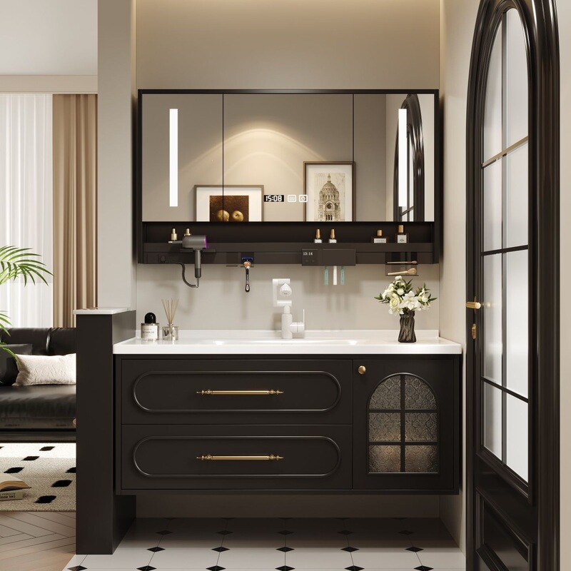 French-style oak vintage bathroom cabinet set with integrated washbasin and ceramic bathroom fixtures