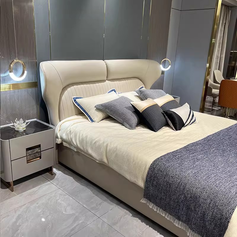 Luxury Master Bedroom 1.8m Double Bed Luxury Frosted Fabric Bed Wedding Bed Italian Minimalist Villa Bed Luxury Master Bedroom 1.8m Double Bed Luxury Frosted Fabric Bed Wedding Bed Italian Minimalist Villa Bed