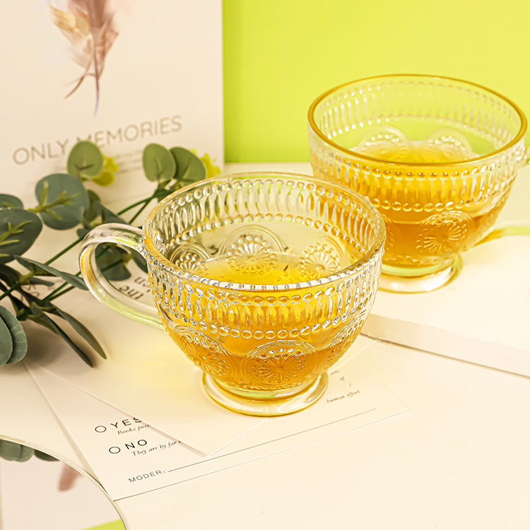 欧式复古太阳花浮雕玻璃杯咖啡杯玻璃水杯七夕节礼物