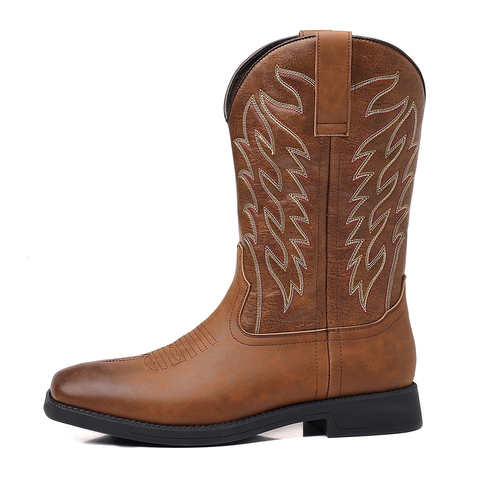 Classic thigh-high embroidery retro wide-head Western cowboy boots_voghion.com