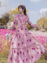 紫色綉花燈芯絨連衣裙長裙復古長袖收腰大擺裙2021秋季新款批發