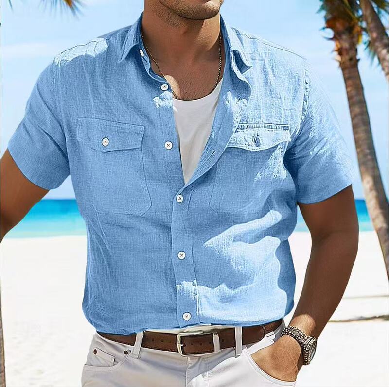 Men's Cross-border Linen Summer Shirt Beach Solid Color Lapel Spring and Summer Street Everyday Clothing Clothing Pocket Men's Cross-border Linen Summer Shirt Beach Solid Color Lapel Spring and Summer Street Everyday Clothing Clothing Pocket