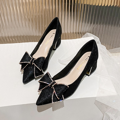  New Spring Evening Pumps French Thick Heel High Heels Pointed Toe Single Shoes Women Medium Heel Plus Size 41-43
