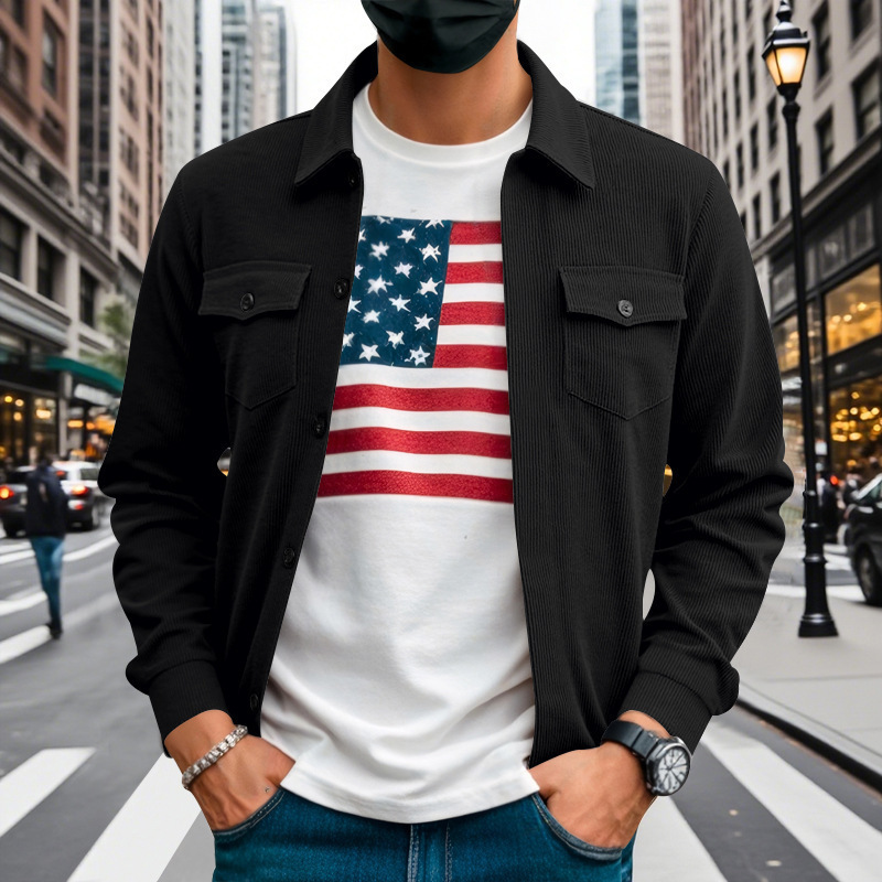 亚马逊秋季美式重磅灯芯绒男士夹克简约百搭多口袋立领长袖外套男|undefined
