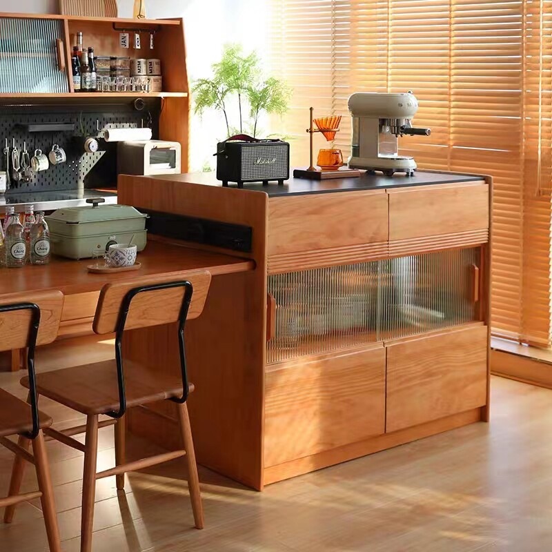Nordic solid wood island dining table, cherry wood, extendable bar counter, Japanese-style multifunctional storage cabinet for home use