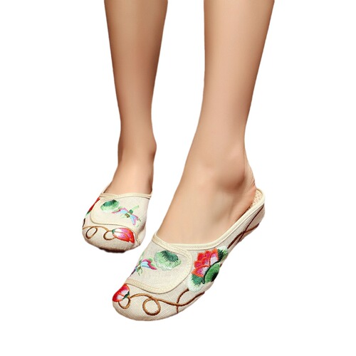 Slippers flower embroidered fabric slippers summer ladies embroidered fabric sandals low heel flat slippers