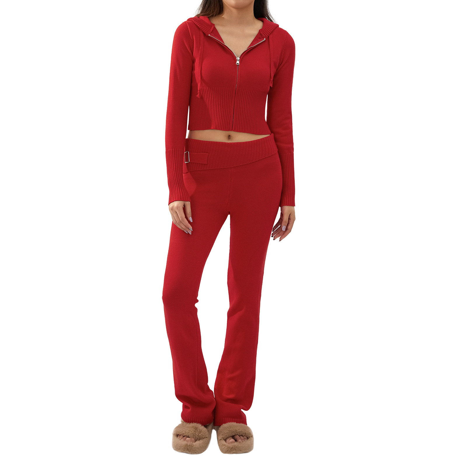Ensemble deux pièces en tricot à capuche pour femme, pantalon sexy à manches longues et taille haute, à la mode_voghion.com