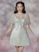 现货轻奢甜美蝴蝶结网纱礼服越南设计飞飞袖镶钻珍珠连衣裙30099