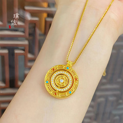 新款久不掉色古法福氣滿滿旋轉彩寶花絲羅盤項鍊圓盤吊墜