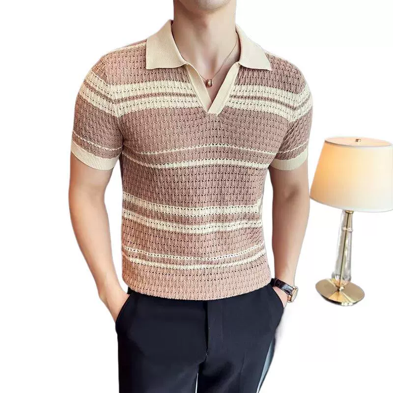 Вязаная футболка-поло летняя, slim fit, с коротким рукавом, стиль высокого качества