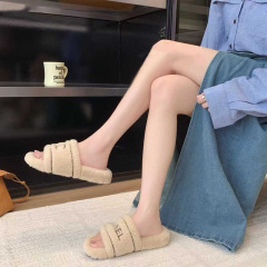 跨境厚底毛毛拖鞋女外穿2025秋季新款百搭增高网红休闲羊羔毛凉拖