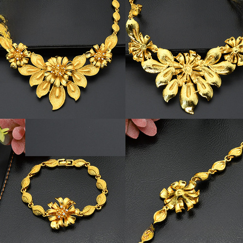 Cross-border Dubai 24K Gold Jewelry Set for Brides - Necklace, Ring, Earrings, and Bracelet Set of Four