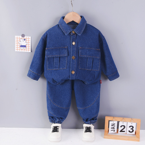 Boys 1-5 years old spring denim suit children's clothing handsome children solid color lapel denim jacket two-piece set