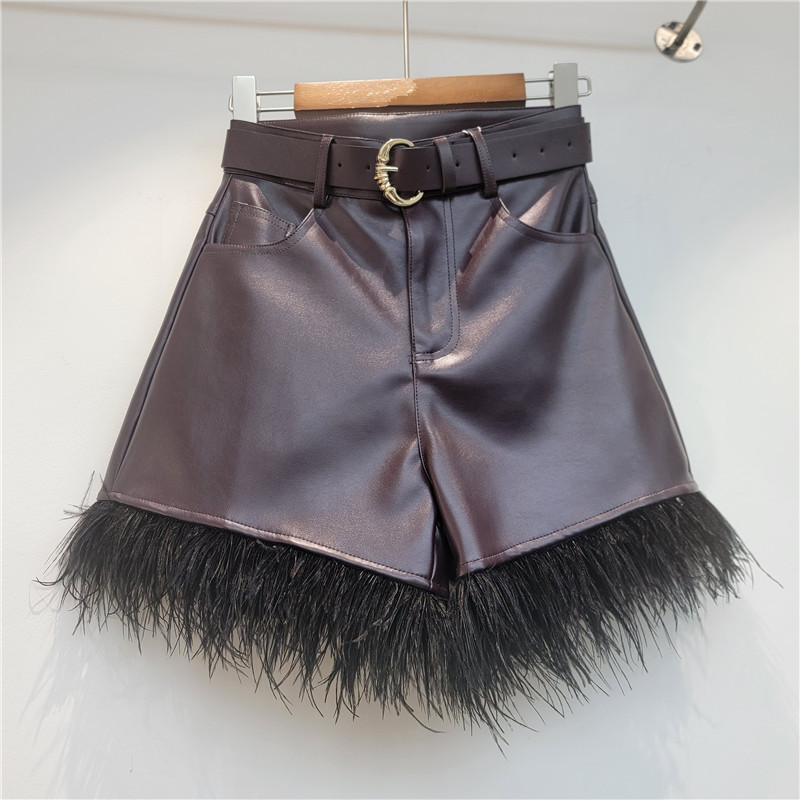 Pantalones Cortos de Cuero PU de Tiro Alto con Bordes de Felpa