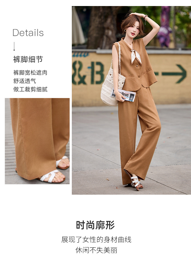 Bộ vest nữ gồm áo gile và quần tây ống đứng cạp cao — màu đen, màu cam, màu trắng ngà chi tiết 5