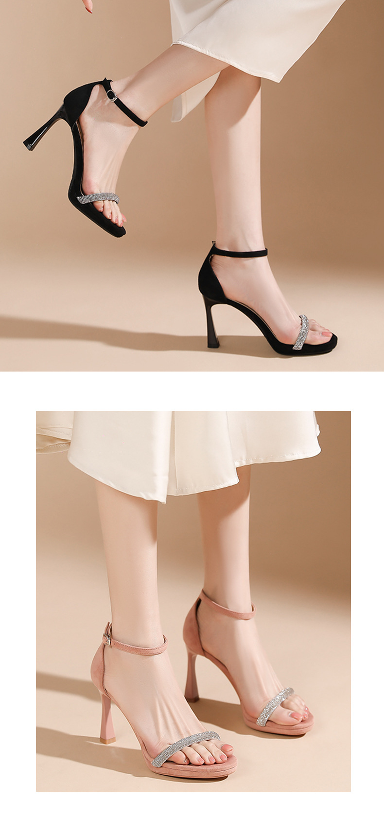 Sandal cao gót nữ quai ngang đính đá mũi nhọn gót 9 cm — màu hồng nude chi tiết 6