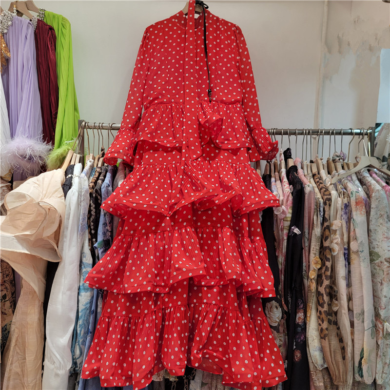 2025 New Autum Polka Dot Pattern Ruched Layered Skirt Long Dress