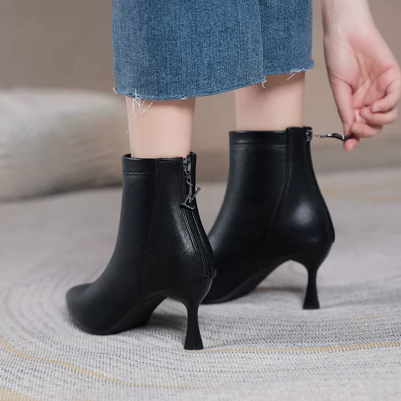 Элегантные ботильоны из мягкой кожи, женские осенне-зимние 2023, универсальные ботильоны на среднем каблуке на тонком каблуке, женские сапоги на остроконечном каблуке, 5 см