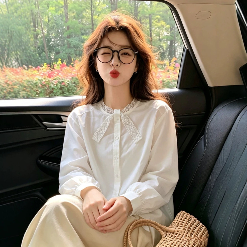 French-style sweet collar shirt with lace bow, women's youthful casual versatile fashionable white long-sleeve blouse