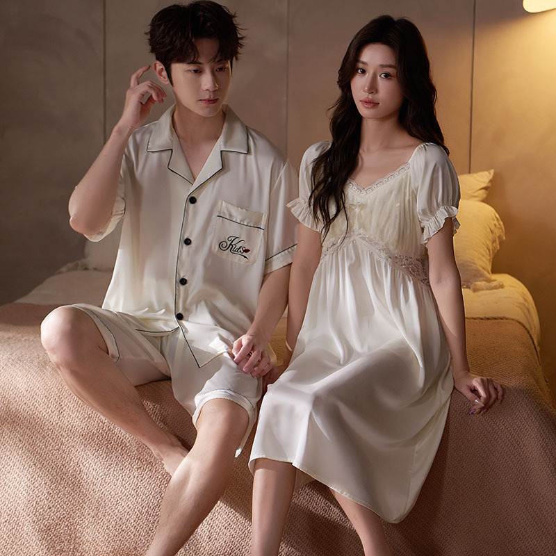2026 New Summer Couple's Ice Silk Pajamas, Thin Short-Sleeved Shorts, Men's Nightgown, Women's Simple Style, Can Be Worn Outside, Loungewear